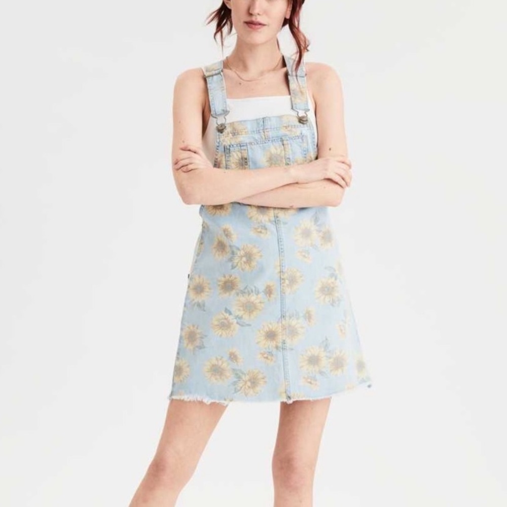 AE Sunflower Print Denim Overall Dress